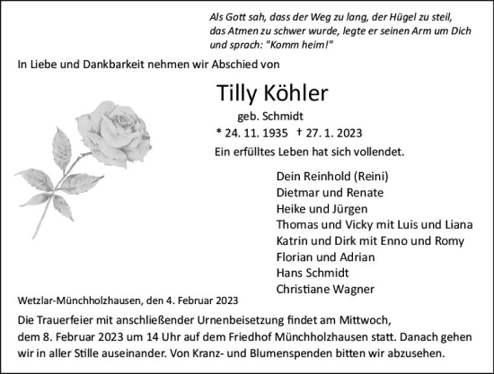 Traueranzeige von Tilly Köhler von Wetzlarer Neue Zeitung