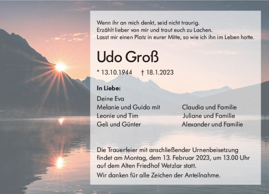 Traueranzeige von Udo Groß von Wetzlarer Neue Zeitung