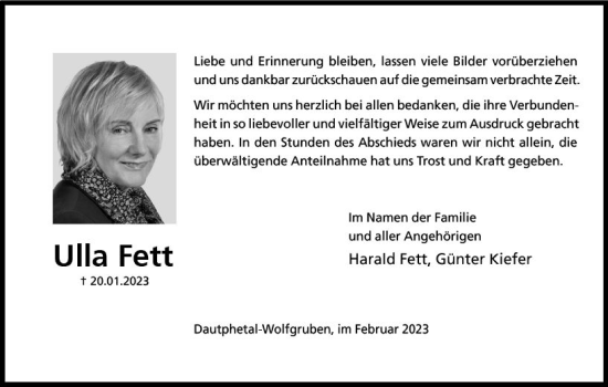 Traueranzeige von Ulla Fett von Hinterländer Anzeiger