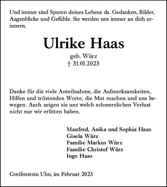 Traueranzeige von Ulrike Haas von Wetzlarer Neue Zeitung