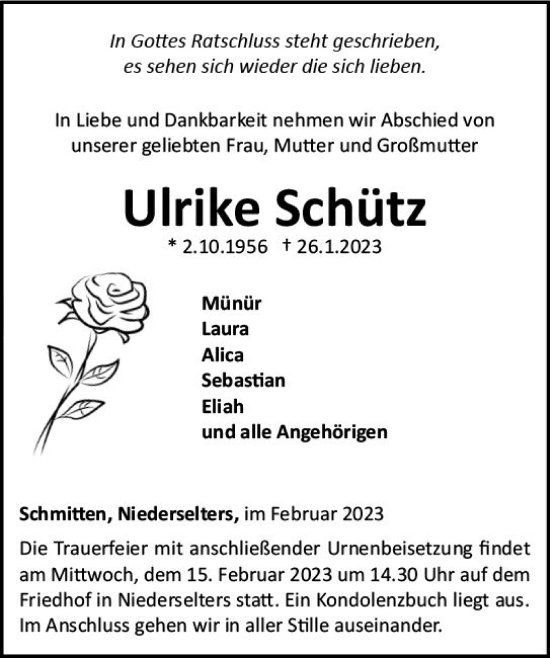 Traueranzeige von Ulrike Schütz von Camberger Anzeiger