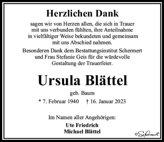Traueranzeige von Ursula Blättel von Nassauische Neue Presse