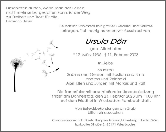 Traueranzeige von Ursula Dörr von Wiesbadener Kurier