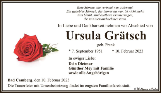 Traueranzeige von Ursula Grätsch von Camberger Anzeiger
