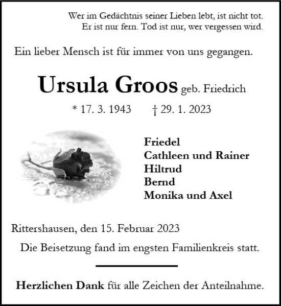 Traueranzeige von Ursula Groos von Dill Block