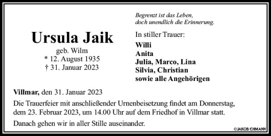 Traueranzeige von Ursula Jaik von Weilburger Tageblatt