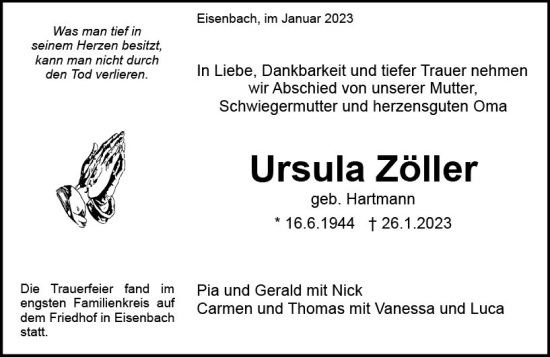 Traueranzeige von Ursula Zöller von Camberger Anzeiger