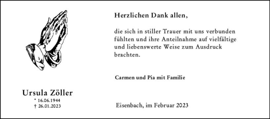 Traueranzeige von Ursula Zöller von Camberger Anzeiger