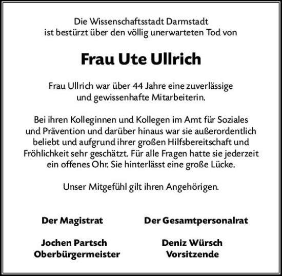 Traueranzeige von Ute Ullrich von Darmstädter Echo