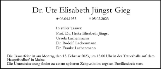 Traueranzeige von Ute Elisabeth Jüngst-Gieg von Allgemeine Zeitung Mainz