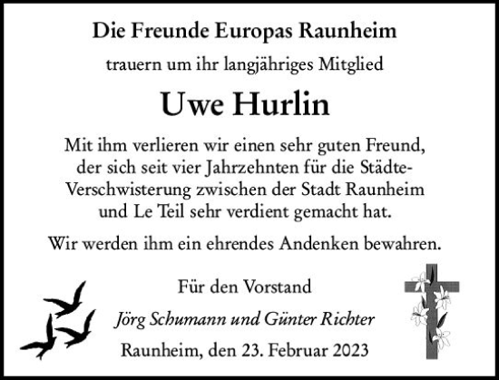 Traueranzeige von Uwe Hurlin von Rüsselsheimer Echo