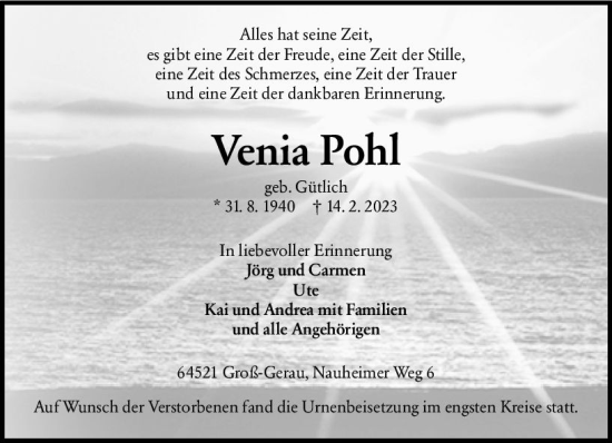 Traueranzeige von Venia Pohl von Groß-Gerauer Echo