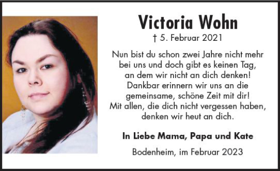 Traueranzeige von Victoria Wohn von Allgemeine Zeitung Mainz