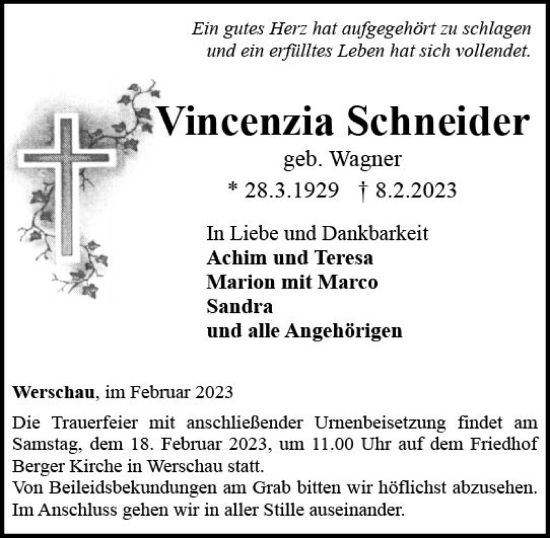 Traueranzeige von Vincenzia Schneider von Camberger Anzeiger