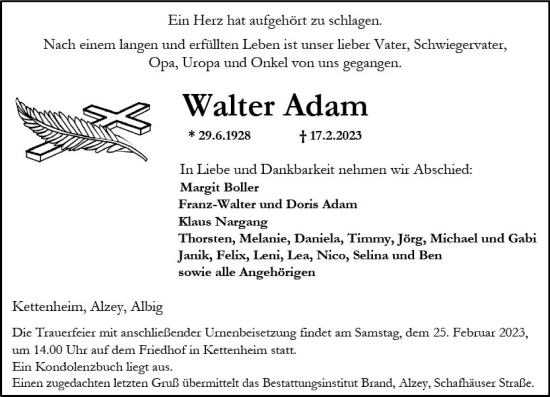 Traueranzeige von Walter Adam von Allgemeine Zeitung Alzey