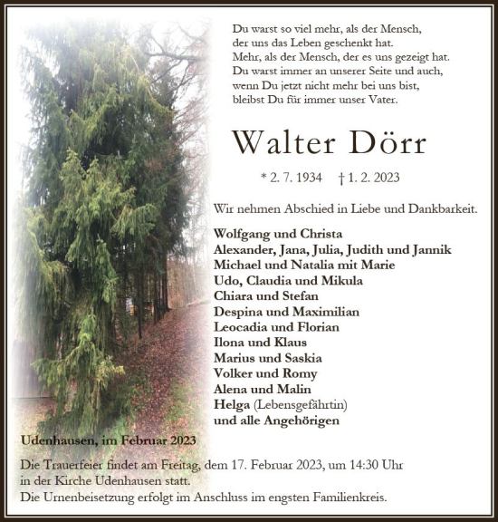Traueranzeige von Walter Dörr von OK Oberhessen Kurier