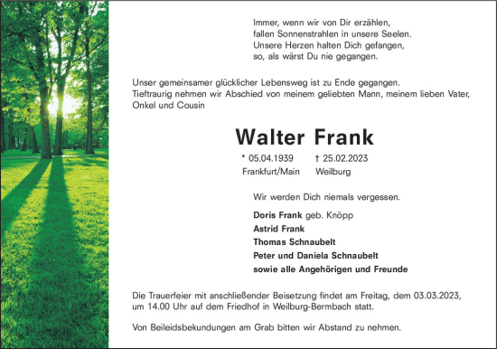 Traueranzeige von Walter Frank von Weilburger Tageblatt
