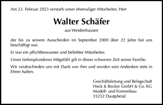 Traueranzeige von Walter Schäfer von Hinterländer Anzeiger