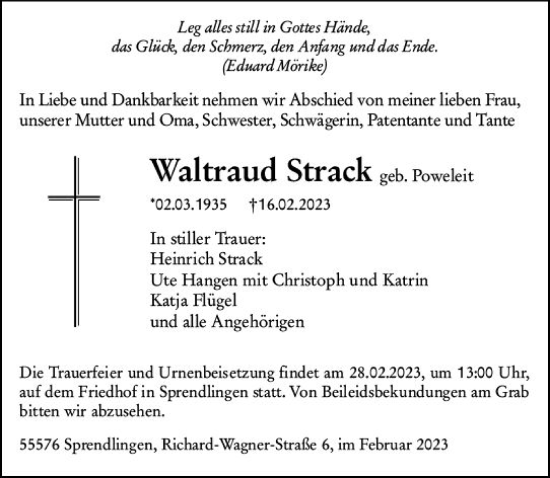 Traueranzeige von Waltraud Strack von Allgemeine Zeitung Bingen/Ingelheim