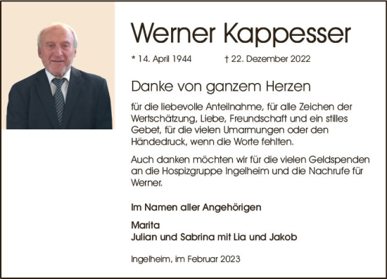 Traueranzeige von Werner Kappesser von Allgemeine Zeitung Ingelheim-Bingen