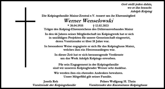 Traueranzeige von Werner Wenselowski von Allgemeine Zeitung Mainz