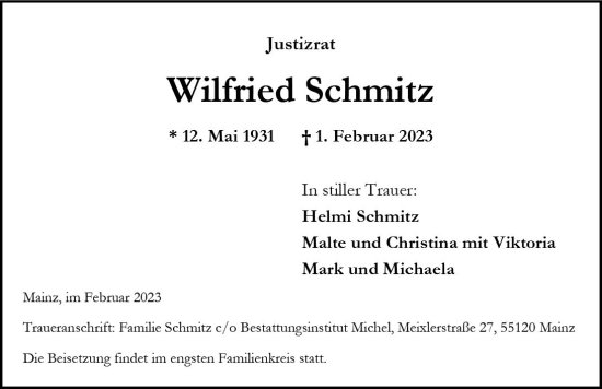 Traueranzeige von Wilfried Schmitz von Allgemeine Zeitung Mainz
