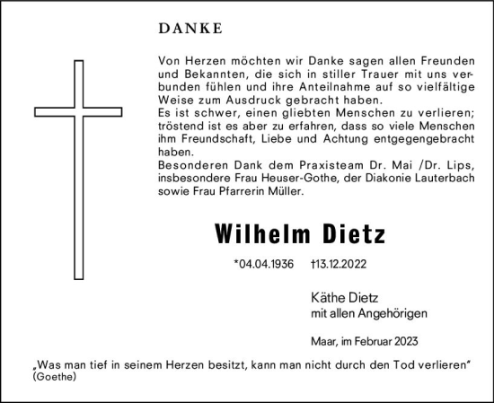 Traueranzeige von Wilhelm Dietz von OK Oberhessen Kurier