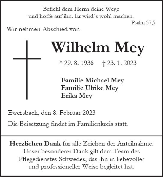 Traueranzeige von Wilhelm Mey von Dill Block