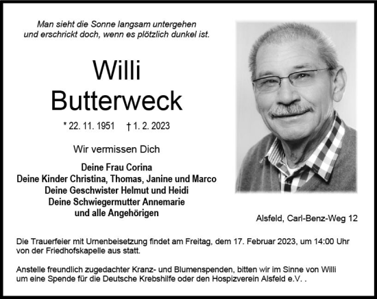Traueranzeige von Willi Buterweck von VRM Trauer