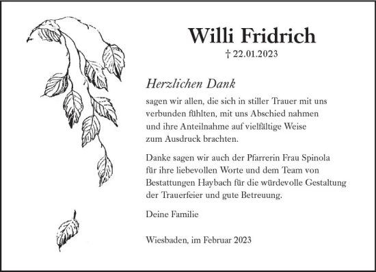 Traueranzeige von Willi Fridrich von Wiesbadener Kurier