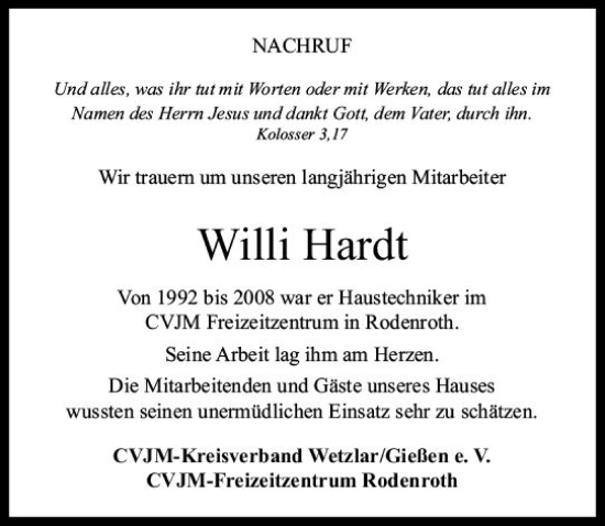 Traueranzeige von Willi Hardt von Wetzlarer Neue Zeitung