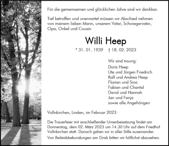 Traueranzeige von Willi Heep von Wetzlarer Neue Zeitung