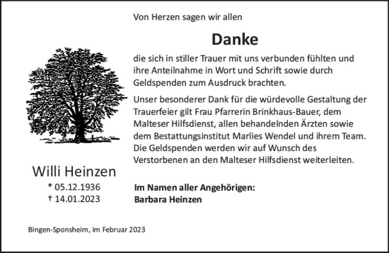 Traueranzeige von Willi Heinzen von Allgemeine Zeitung Bad Kreuznach
