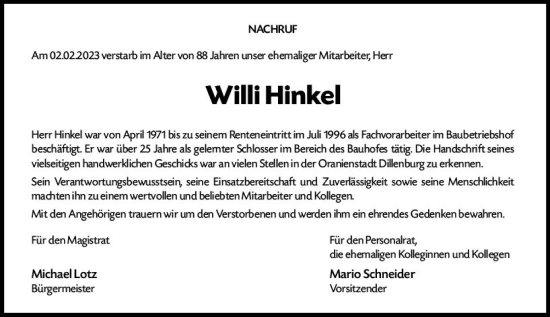 Traueranzeige von Willi Hinkel von Dill Block