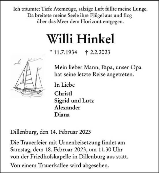Traueranzeige von Willi Hinkel von Dill Block