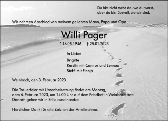Traueranzeige von Willi Pager von Weilburger Tageblatt
