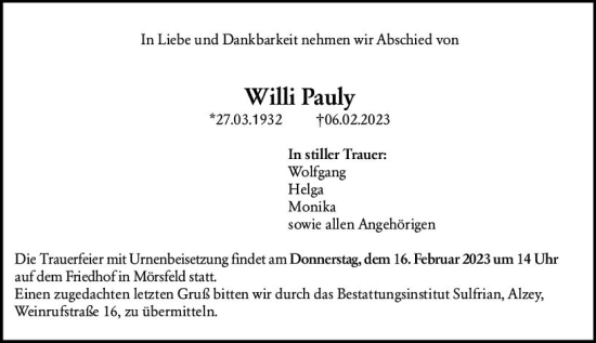 Traueranzeige von Willi Pauly von Allgemeine Zeitung Alzey