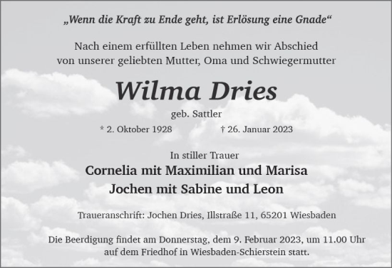Traueranzeige von Wilma Dries von Wiesbadener Kurier gesamt