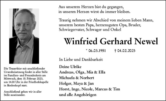 Traueranzeige von Winfried Gerhard Newel von Hinterländer Anzeiger