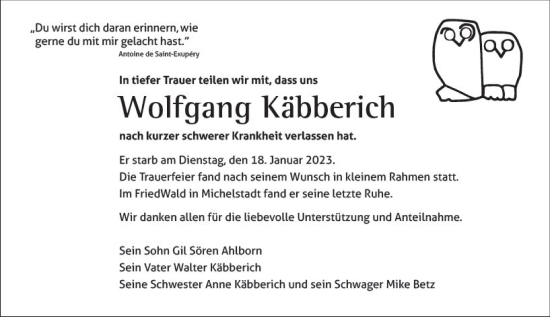Traueranzeige von Wolfgang Käbberich von Starkenburger Echo