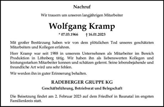 Traueranzeige von Wolfgang Kramp von Weilburger Tageblatt