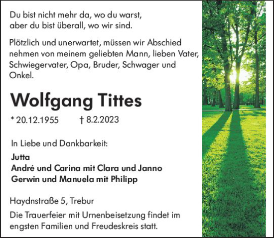 Traueranzeige von Wolfgang Tittes von Rüsselsheimer Echo
