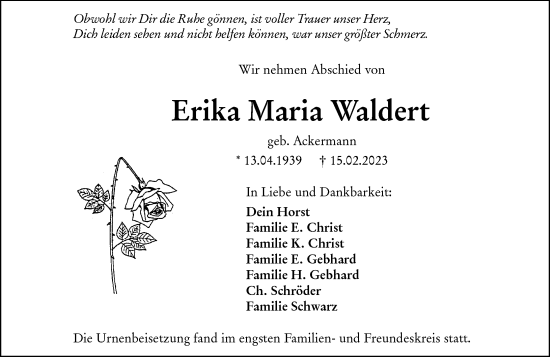 Traueranzeige von Erika Maria Waldert von Hinterländer Anzeiger