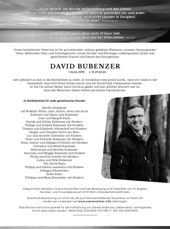 Traueranzeige von David Bubenzer von 202 Dill Block