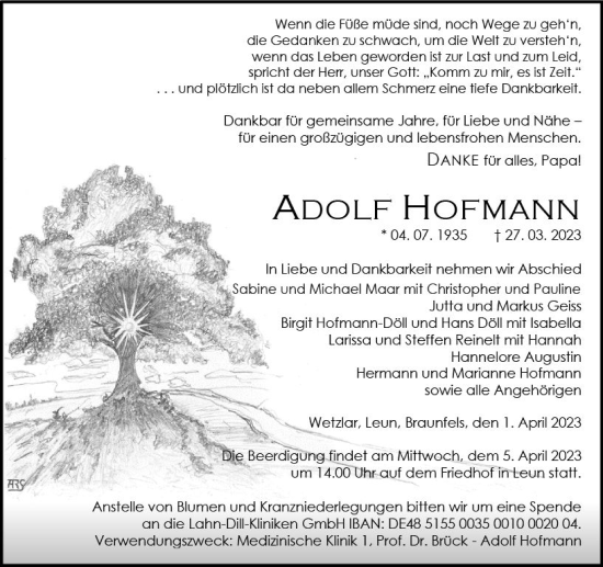 Traueranzeige von Adolf Hofmann von Wetzlarer Neue Zeitung