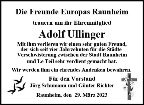 Traueranzeige von Adolf Ullinger von Rüsselsheimer Echo