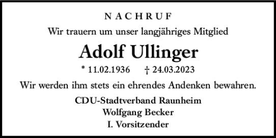 Traueranzeige von Adolf Ullinger von Rüsselsheimer Echo