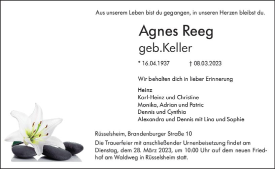 Traueranzeige von Agnes Reeg von Rüsselsheimer Echo