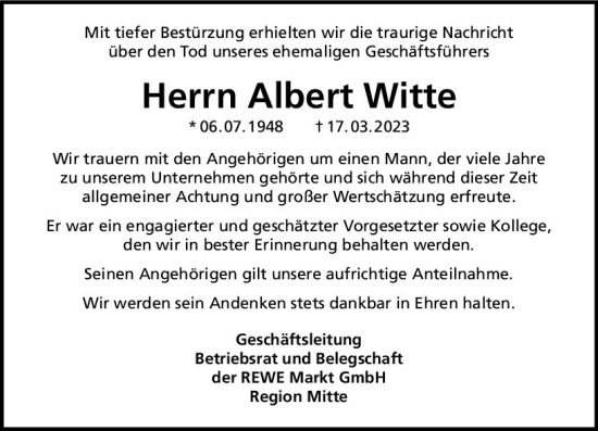 Traueranzeige von Albert Witte von Rüsselsheimer Echo Traueranzeige von Albert Witte von Rüsselsheimer Echo