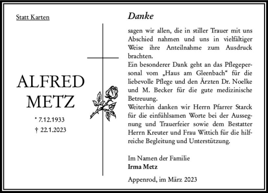 Traueranzeige von Alfred Metz von Oberhessen Kurier